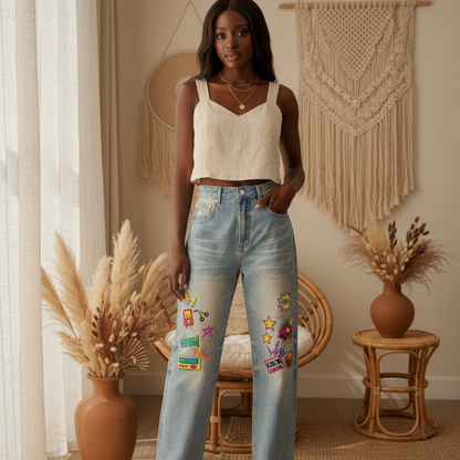 Unisex 90's Themed Graphic Sun Fade Raw Hem Denim Jeans