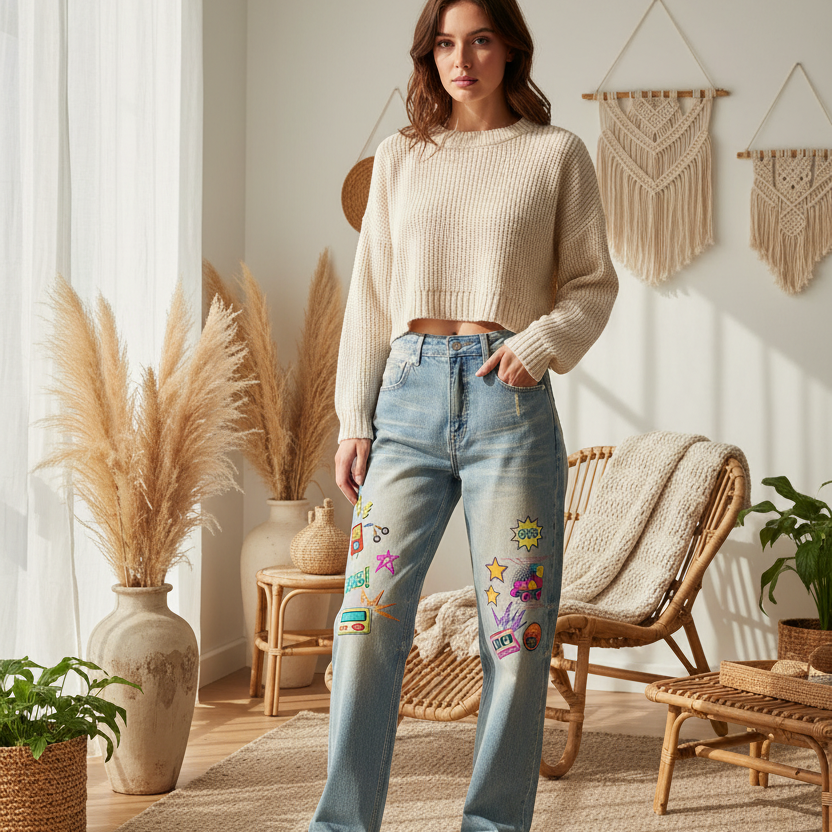 Unisex 90's Themed Graphic Sun Fade Raw Hem Denim Jeans