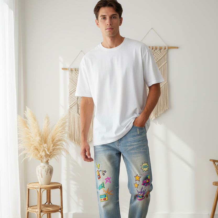 Unisex 90's Themed Graphic Sun Fade Raw Hem Denim Jeans