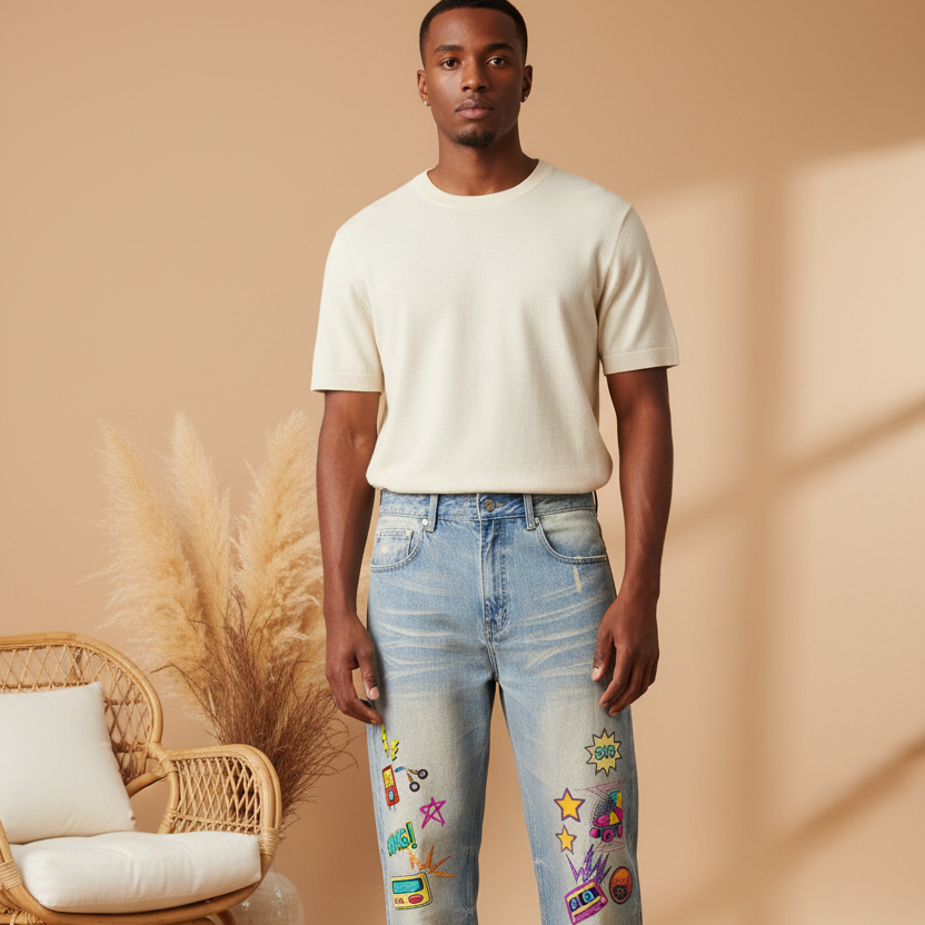 Unisex 90's Themed Graphic Sun Fade Raw Hem Denim Jeans