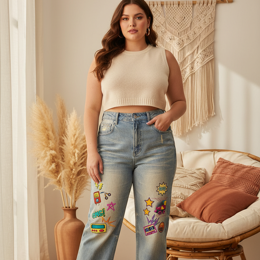 Unisex 90's Themed Graphic Sun Fade Raw Hem Denim Jeans