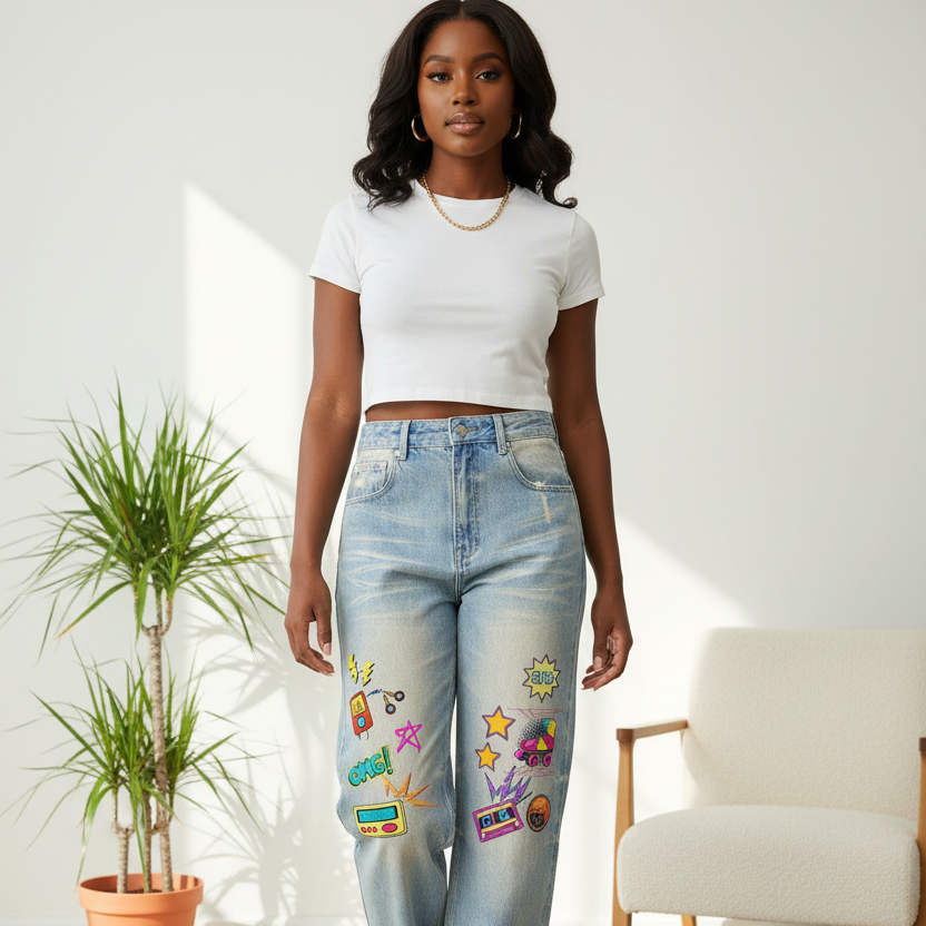 Unisex 90's Themed Graphic Sun Fade Raw Hem Denim Jeans