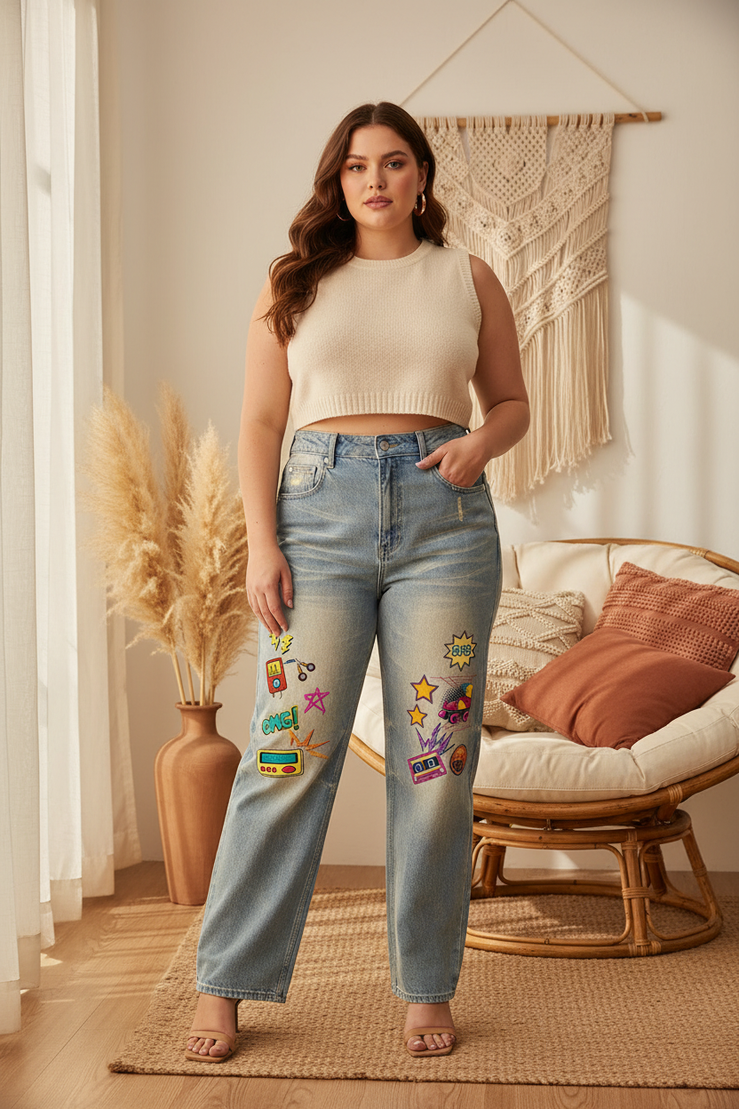 Unisex 90's Themed Graphic Sun Fade Raw Hem Denim Jeans