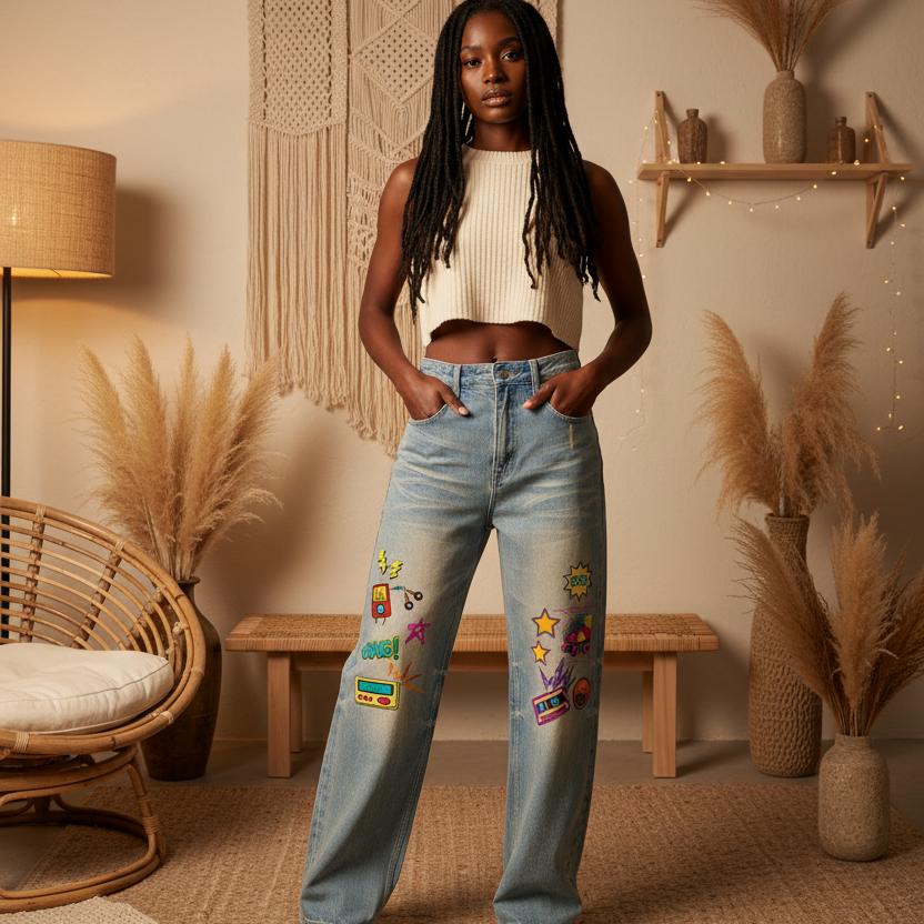 Unisex 90's Themed Graphic Sun Fade Raw Hem Denim Jeans
