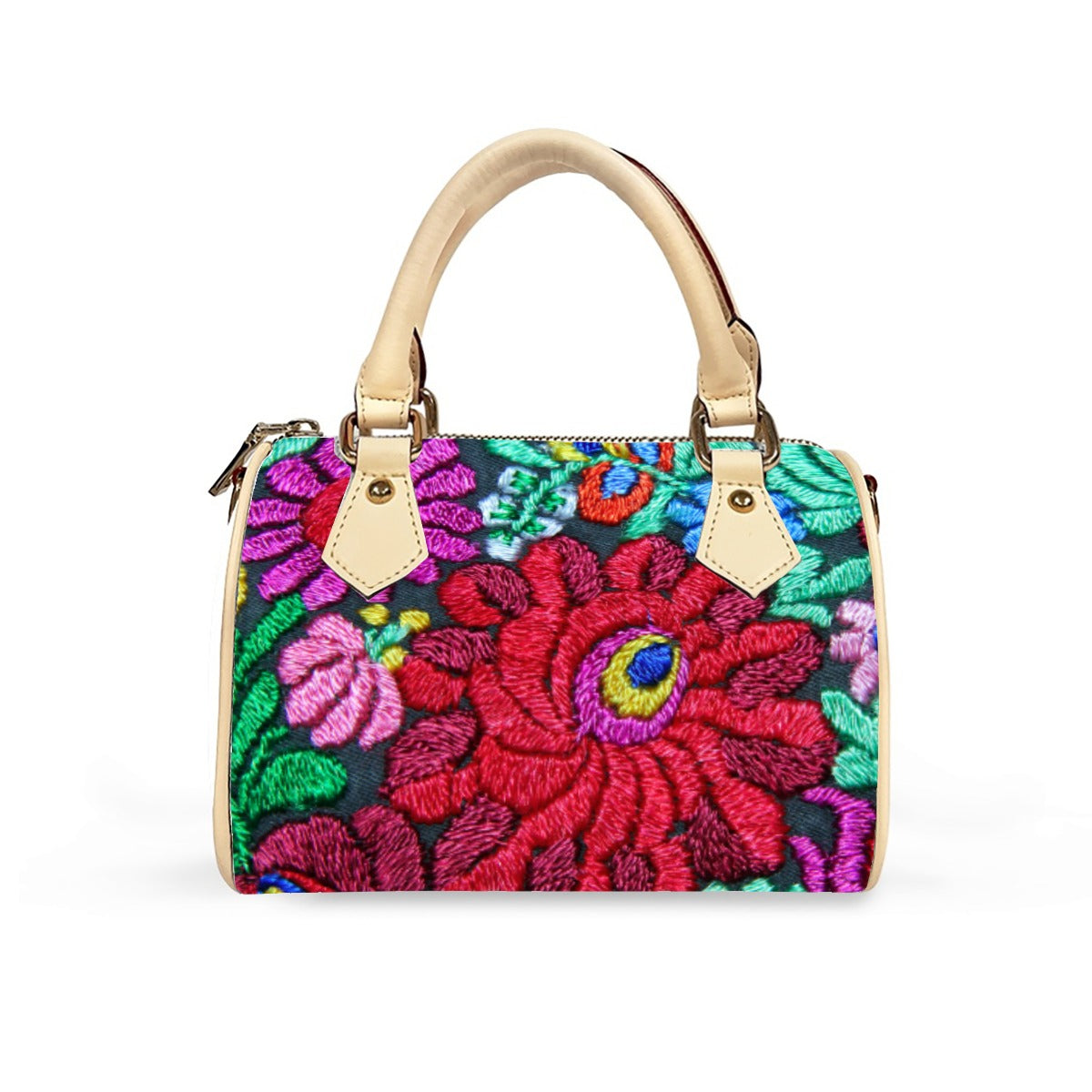 All -Over Colorful Floral Themed Classic Barrel-Shaped PU Leather Handbag