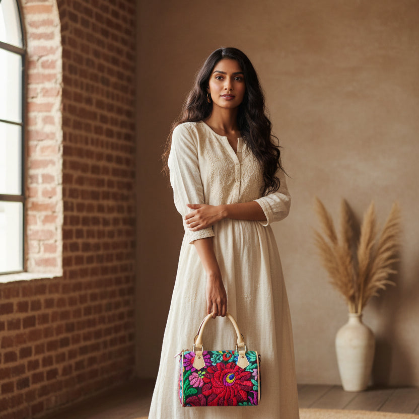 All -Over Colorful Floral Themed Classic Barrel-Shaped PU Leather Handbag
