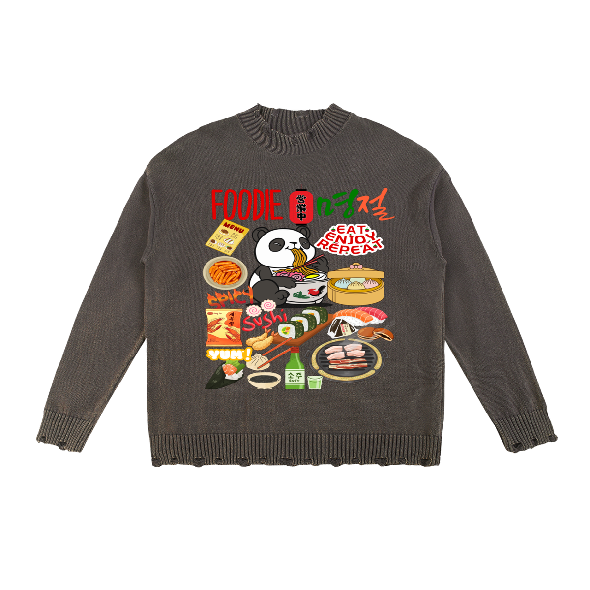 Asian Foodie Themed Graphic Vintage Washed Hand-Frayed Sweater
