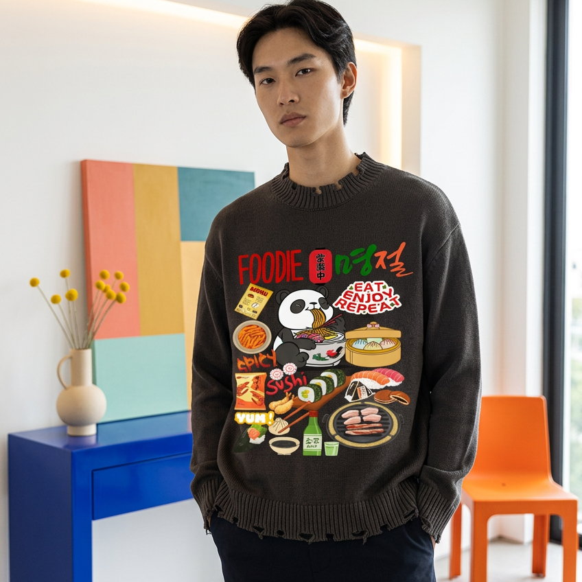 Asian Foodie Themed Graphic Vintage Washed Hand-Frayed Sweater