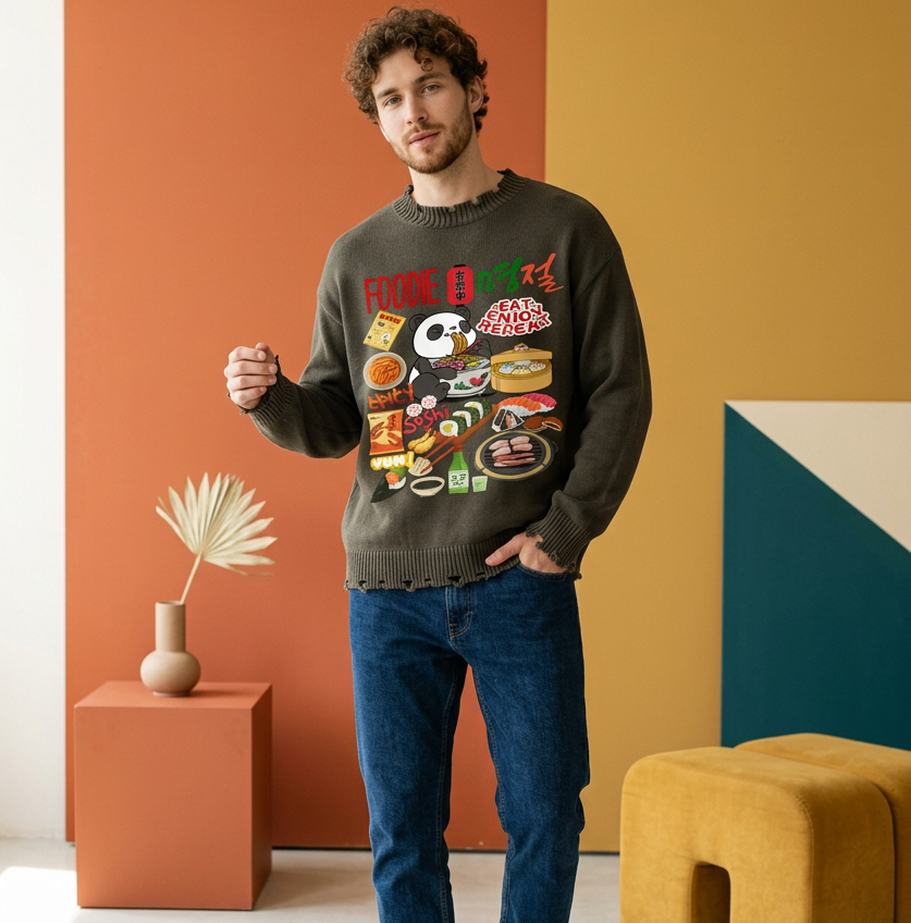 Asian Foodie Themed Graphic Vintage Washed Hand-Frayed Sweater