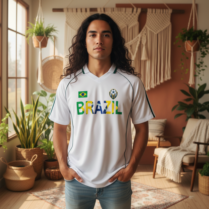 Brazil Flag Themed Graphic Shadow Stripe Collared Soccer Unisex Jersey