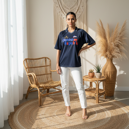 Dominican Republic Flag Themed Graphic Striped V-Neck Soccer Unisex Jersey