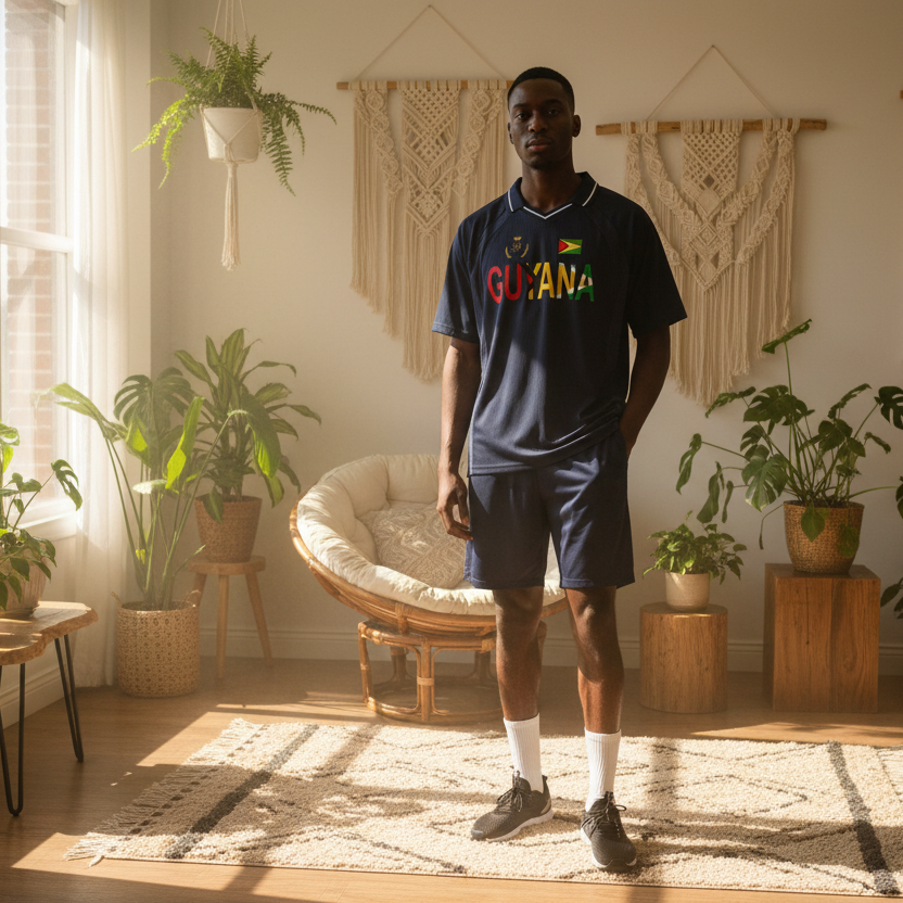 Guyana Flag Themed Unisex Graphic Striped V-Neck Soccer Jersey