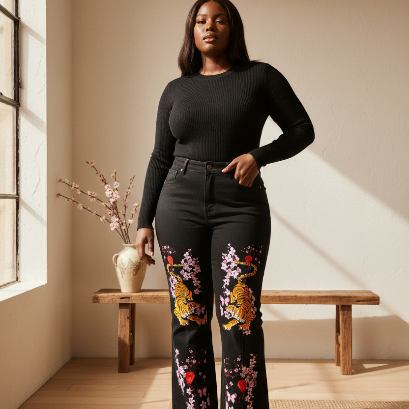 Tiger and Floral Art Graphic Women's Flared Leg Jeans