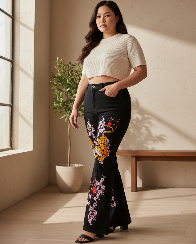 Tiger and Floral Art Graphic Women's Flared Leg Jeans