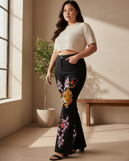 Tiger and Floral Art Graphic Women's Flared Leg Jeans