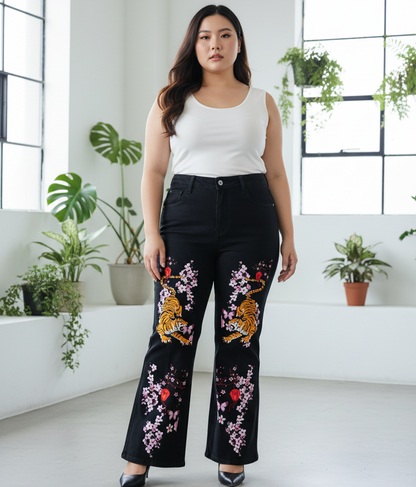 Tiger and Floral Art Graphic Women's Flared Leg Jeans