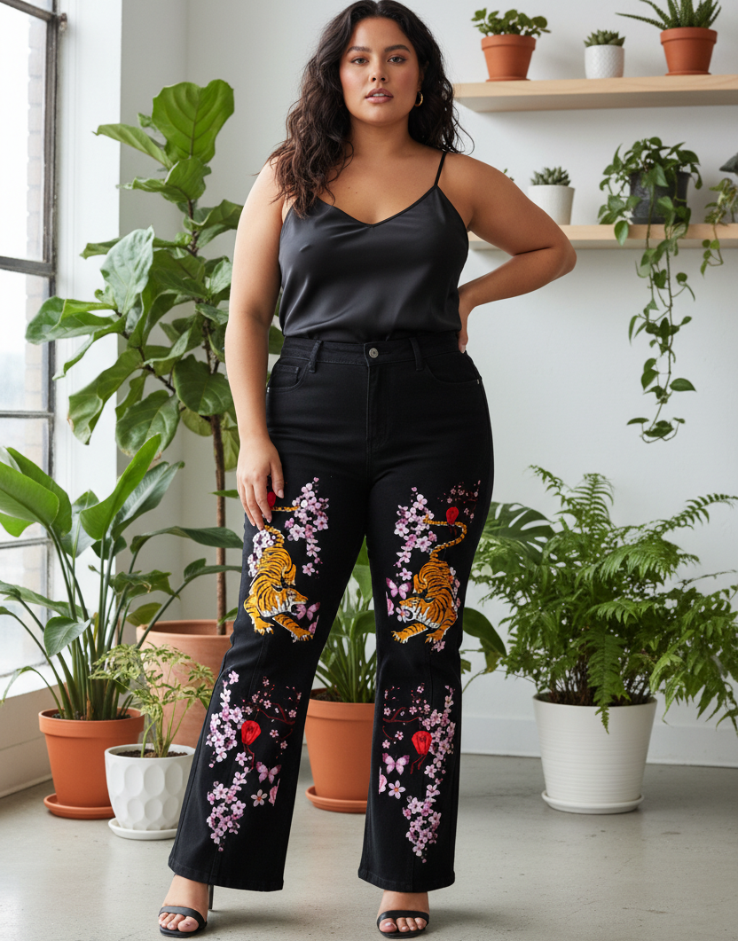 Tiger and Floral Art Graphic Women's Flared Leg Jeans
