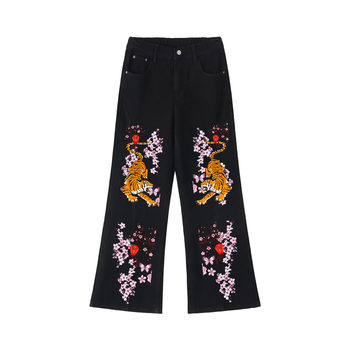 Tiger and Floral Art Graphic Women's Flared Leg Jeans