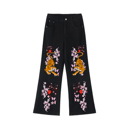 Tiger and Floral Art Graphic Women's Flared Leg Jeans