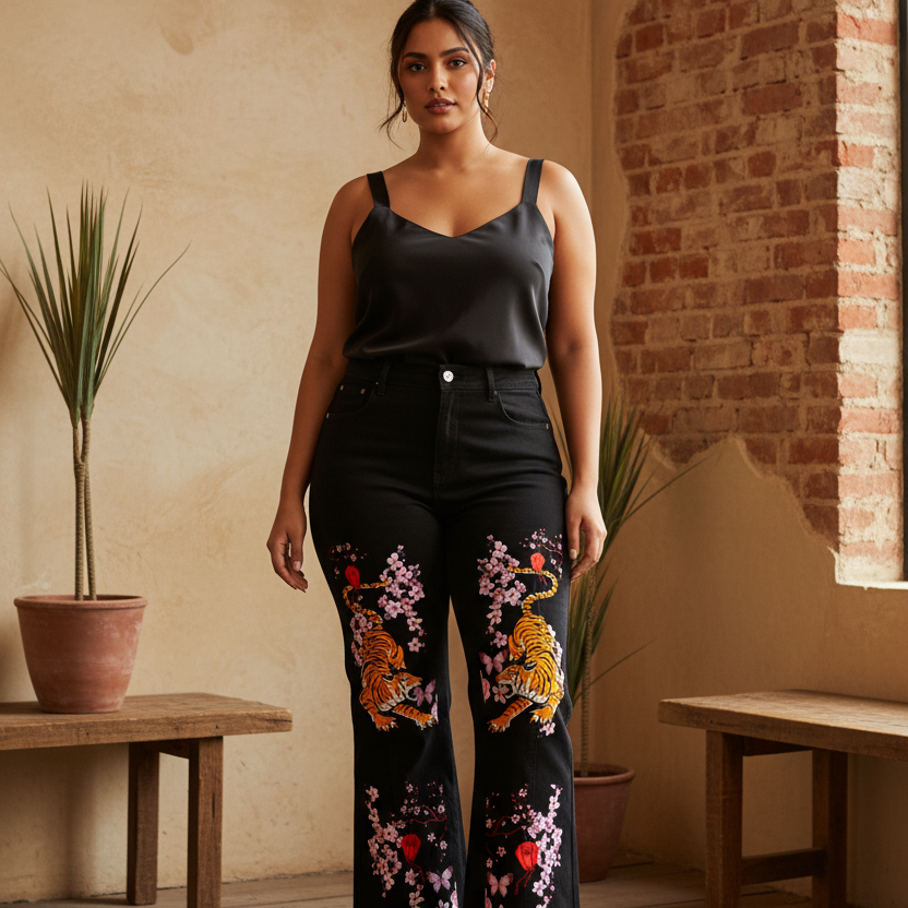 Tiger and Floral Art Graphic Women's Flared Leg Jeans