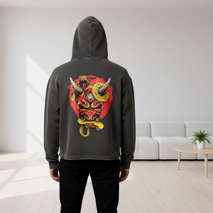 Unisex Samurai Menpo Graphic Vintage Washed Frayed-Hem Hoodie