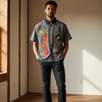 Jazz Singer, Jazz Band Graphic Unisex Striped Boxy Contrast Collar Shirt