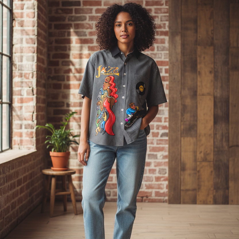 Jazz Singer, Jazz Band Graphic Unisex Striped Boxy Contrast Collar Shirt