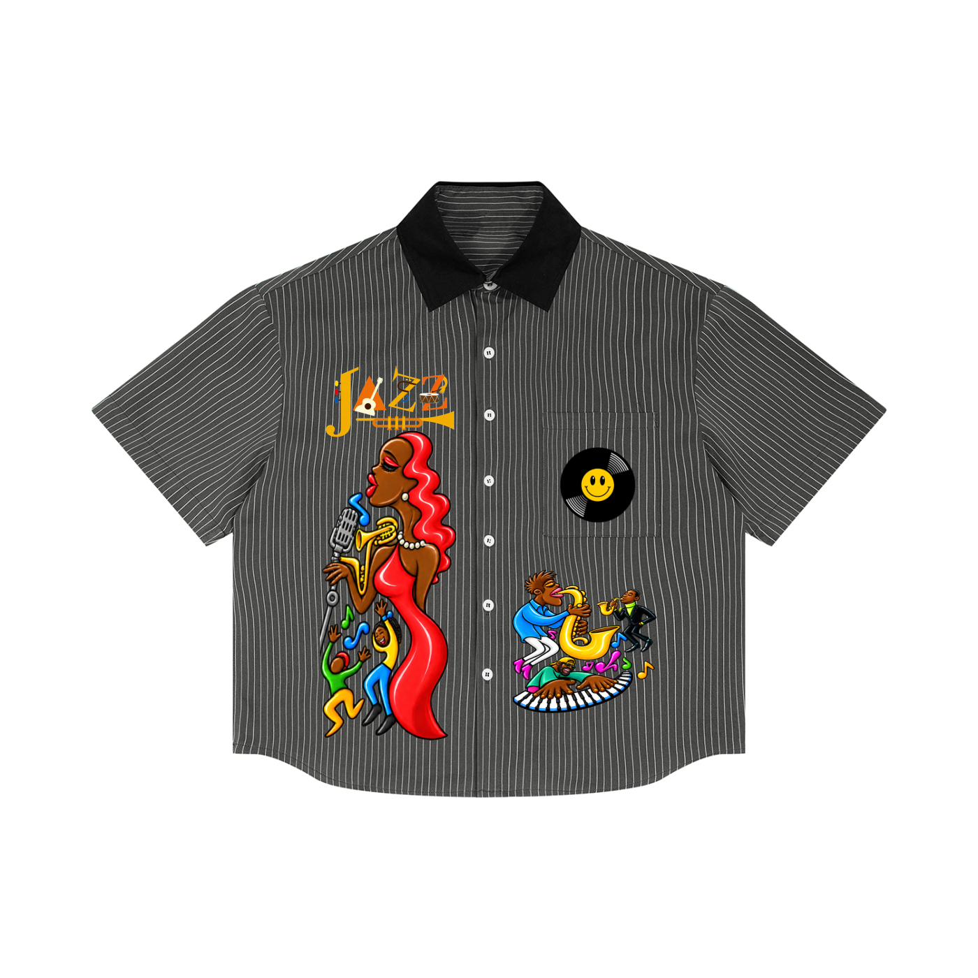 Jazz Singer, Jazz Band Graphic Unisex Striped Boxy Contrast Collar Shirt