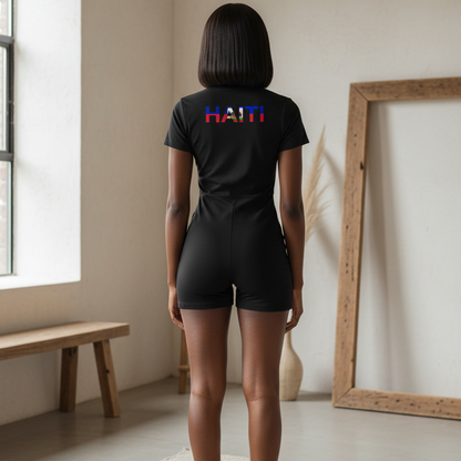 Haiti Flag Themed Women's Quarter-Zip Short Sleeve Romper