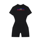 Women's Quarter-Zip Short Sleeve Romper featuring the Haiti Flag Art