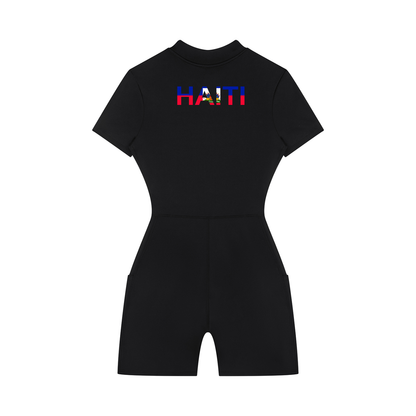 Haiti Flag Themed Women's Quarter-Zip Short Sleeve Romper