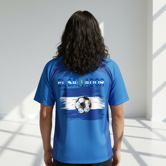 El Salvador Flag Themed Striped V-Neck Soccer Unisex Jersey