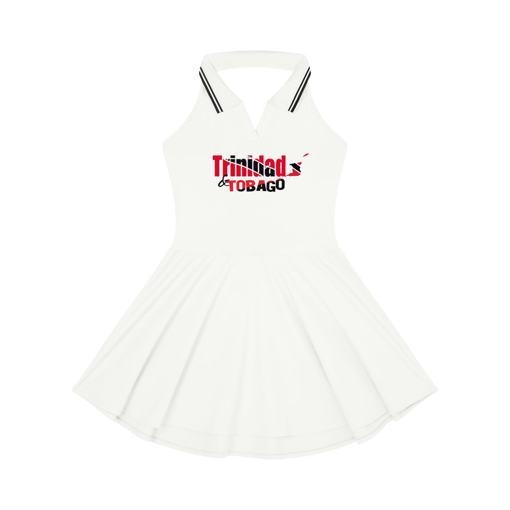 Women's A-Line Tennis Dress with Collared Halter Neckline and Trinidadian Flag Motif