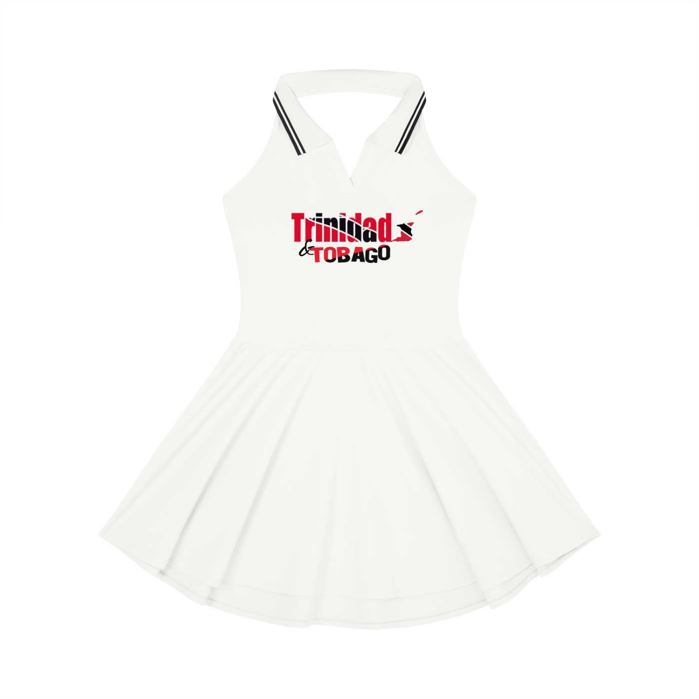 Women's A-Line Tennis Dress with Collared Halter Neckline and Trinidadian Flag Motif