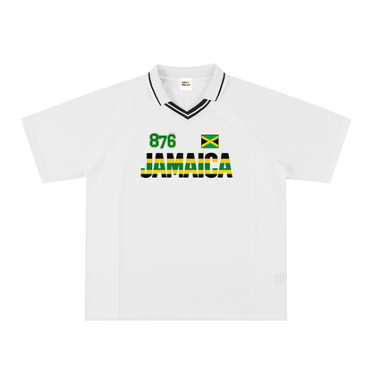 Jamaican Pride, Flag Themed Graphic V-Neck Collared  Unisex Soccer Jersey