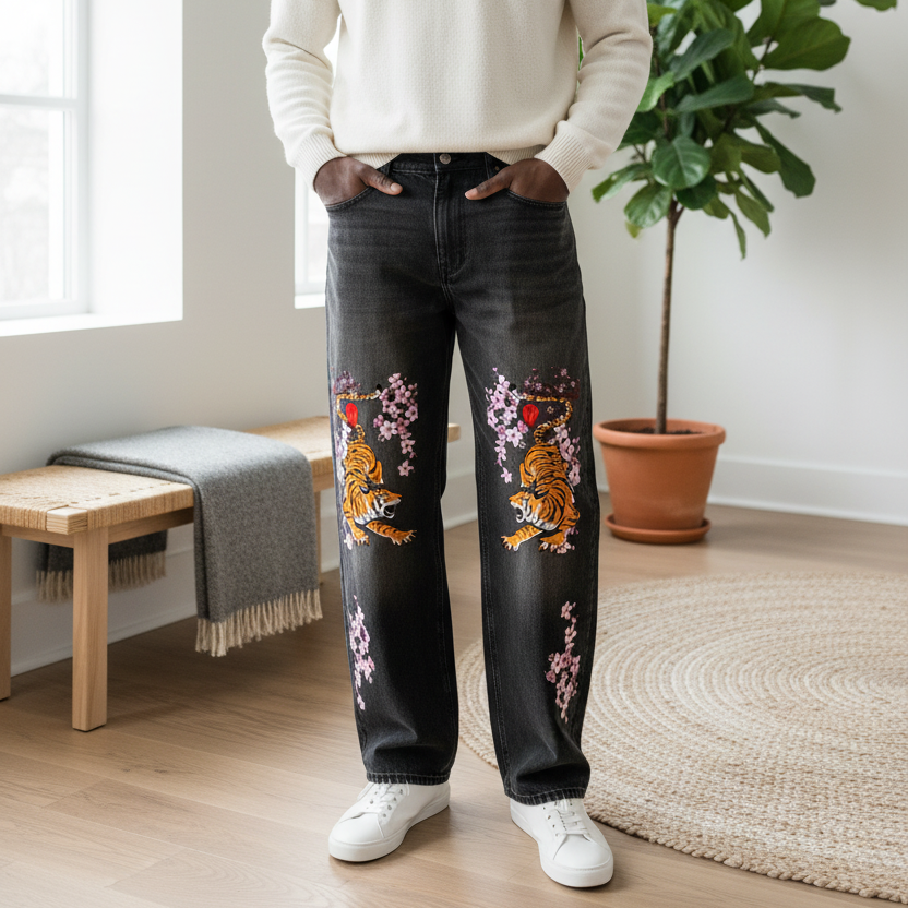 Men's Tiger Art Graphic Wash Heavyweight Denim Jeans