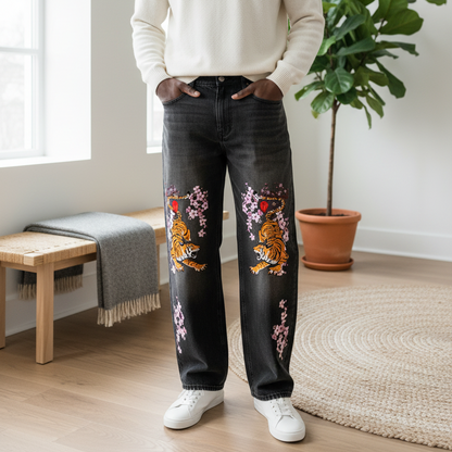 Men's Tiger Art Graphic Wash Heavyweight Denim Jeans