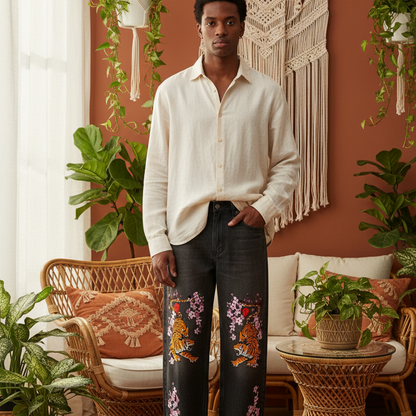Men's Tiger Art Graphic Wash Heavyweight Denim Jeans
