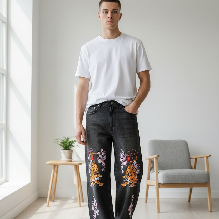 Men's Tiger Art Graphic Wash Heavyweight Denim Jeans