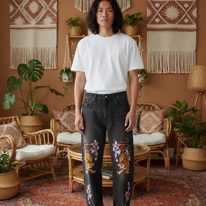 Men's Tiger Art Graphic Wash Heavyweight Denim Jeans