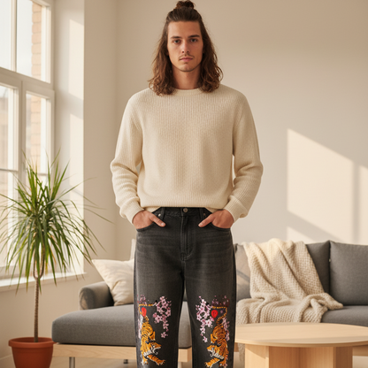 Men's Tiger Art Graphic Wash Heavyweight Denim Jeans