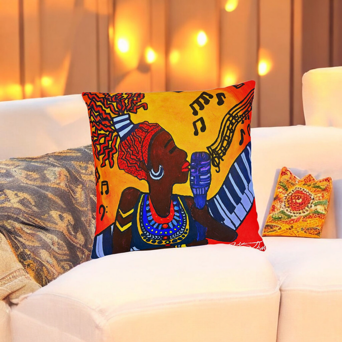 Musical Vibes Square Pillow | Colorful African American Art | Home Decor & Gifts Printify