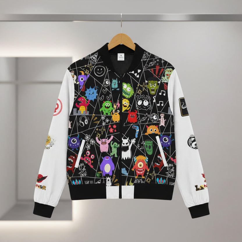 Monster Themed Cartoon Colorful Graphic Women's Jacket, Trendy Outerwear
