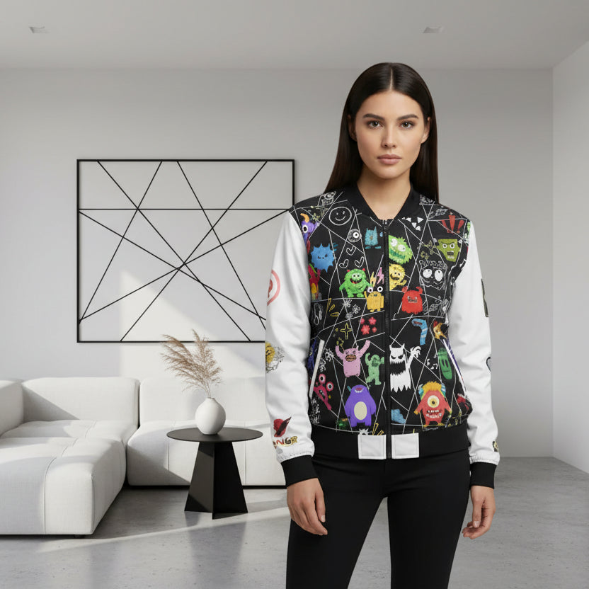 Monster Themed Cartoon Colorful Graphic Women's Jacket, Trendy Outerwear