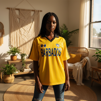 Barbados Flag Themed Contrast Collar Striped Soccer Jersey
