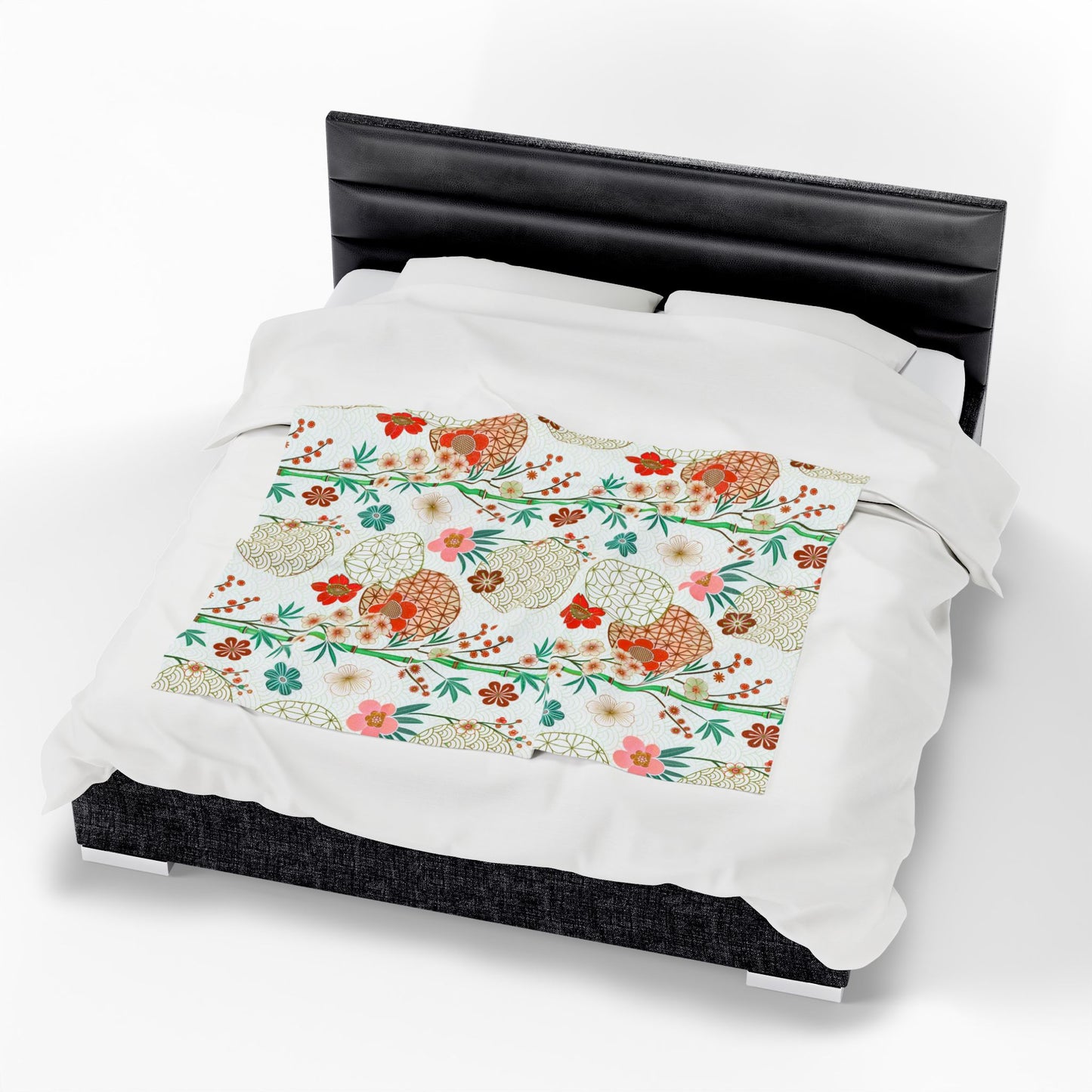 Floral Japanese Circle Velveteen Plush Blanket — Soft Retro Blossom Throw