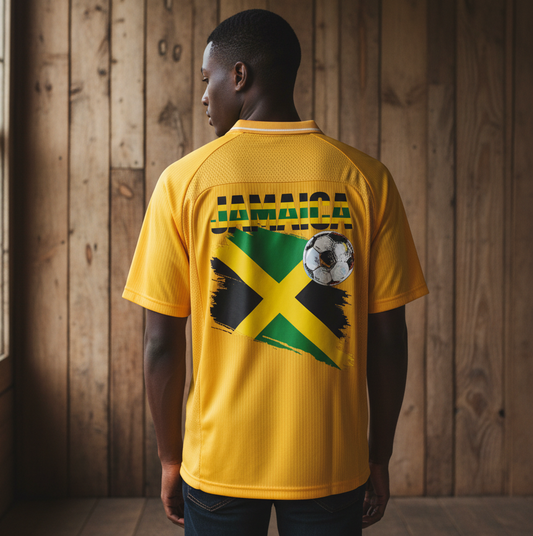 Jamaican Pride, Flag Themed Graphic V-Neck Collared  Unisex Soccer Jersey