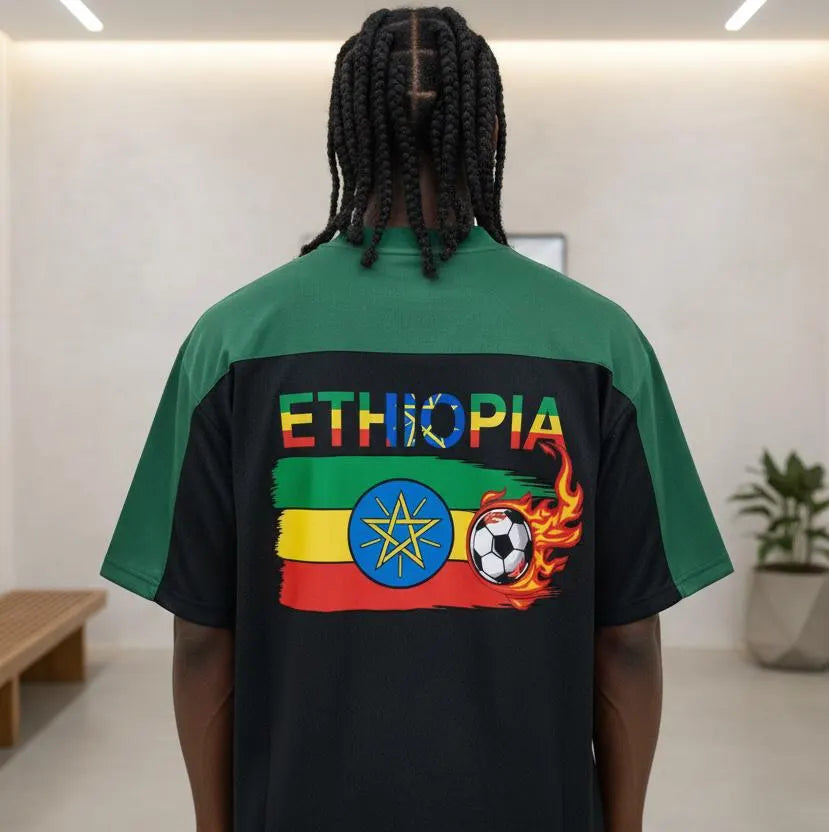 Ethiopia Flag Themed Graphic Mesh V-Neck Soccer Jersey