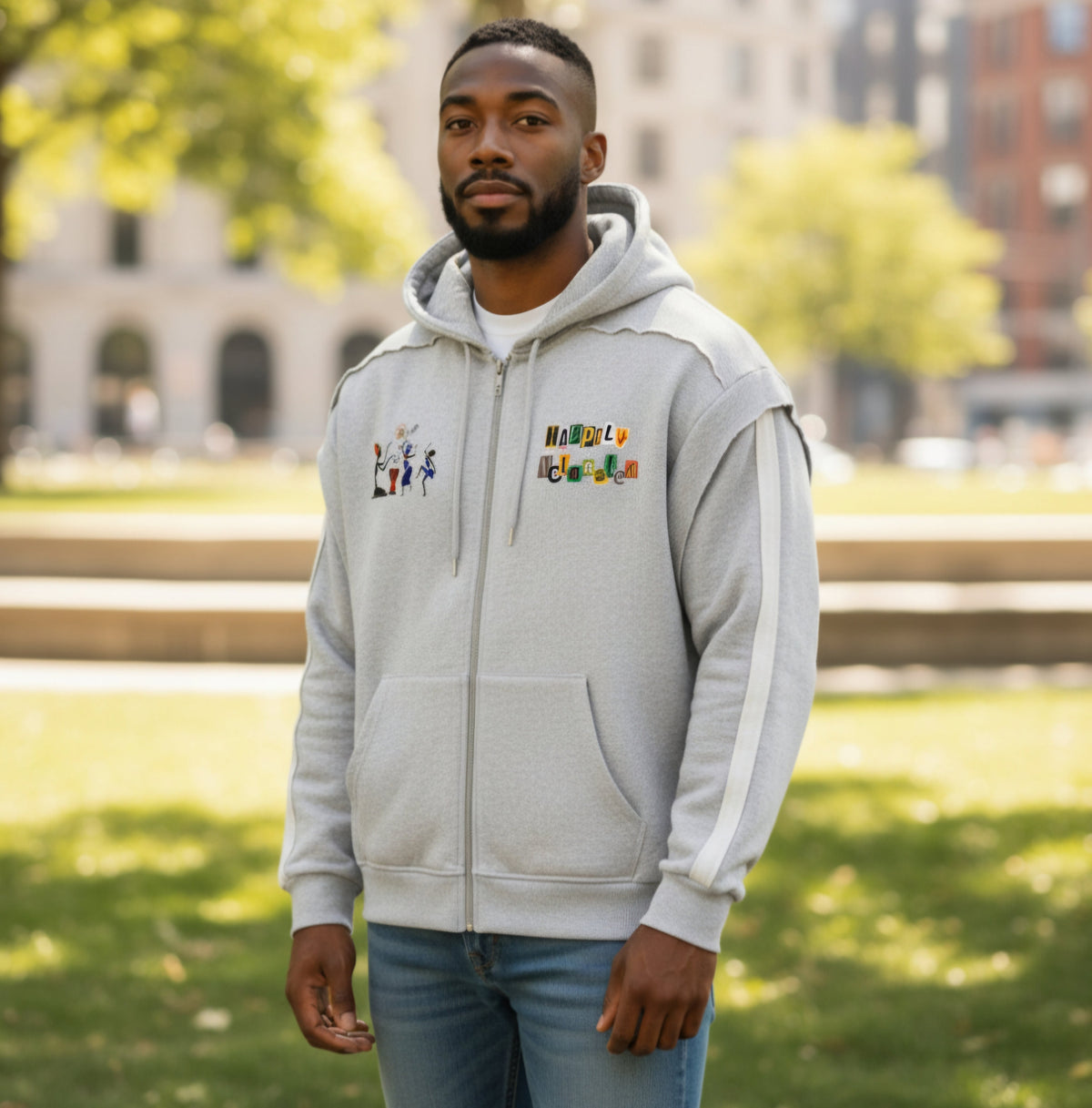 Jazz Singer Graphic Double-Layered Zip-Up Hoodie, featuring contrast tape detailing and raw-edge accents. ODMPOD