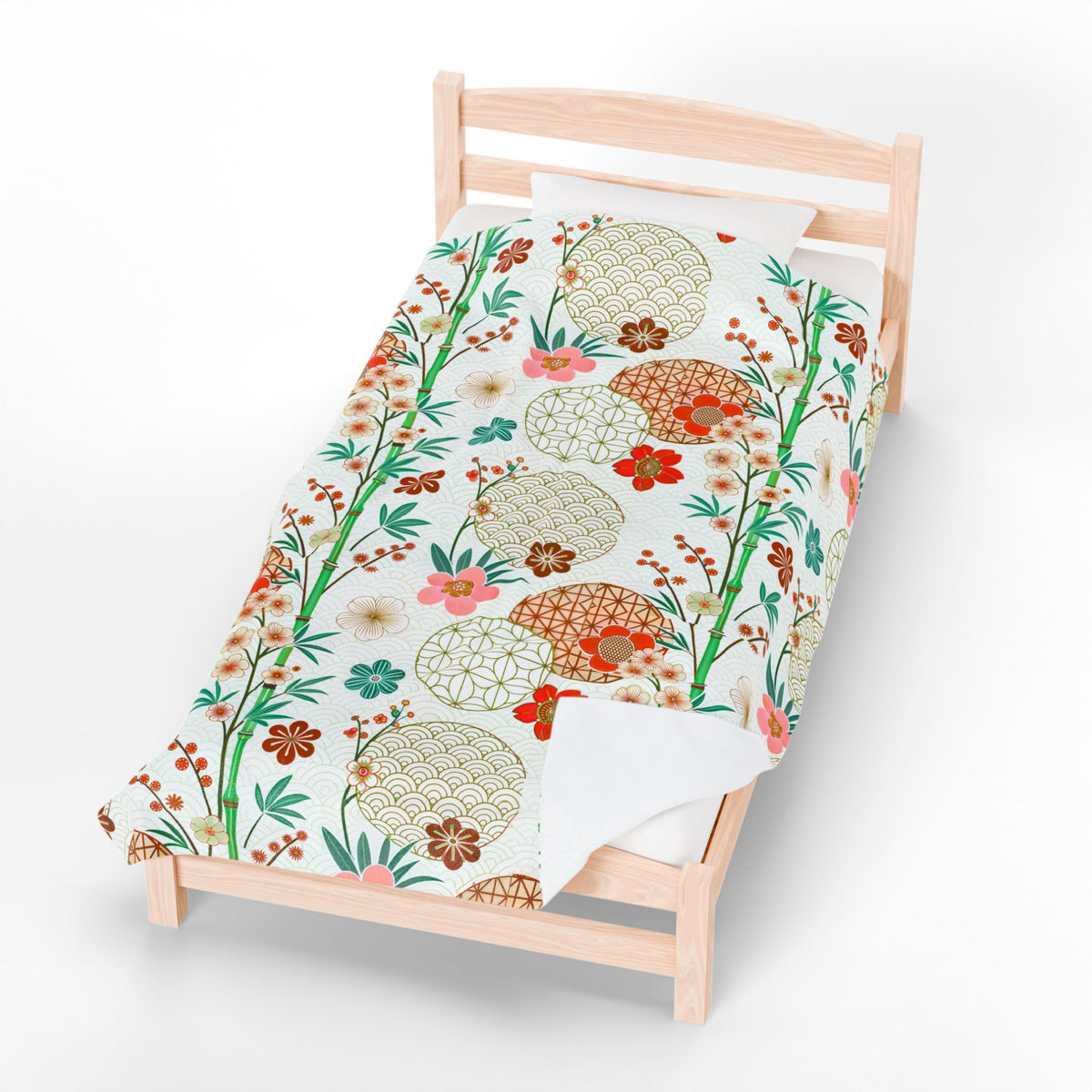 Floral Japanese Circle Velveteen Plush Blanket — Soft Retro Blossom Throw Printify